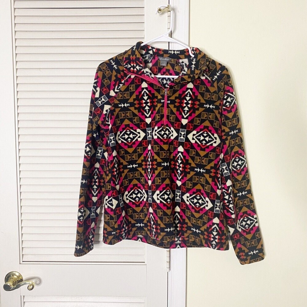 Eddie Bauer Women Medium 1/4 Zip Fleece Pullover Jacket Top Aztec Southwestern